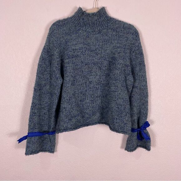 Moth | Anthropologie Blue with Blue Sparkle Mock Neck Sweater with Ribbon Ties - Picture 1 of 8